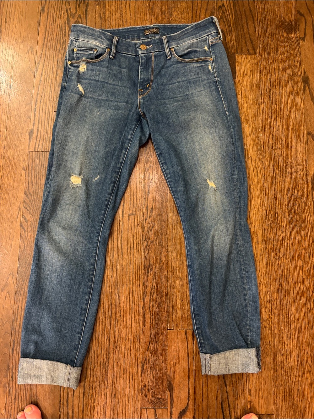 MOTHER Boyfriend Jeans in Faded Blue with Distressing